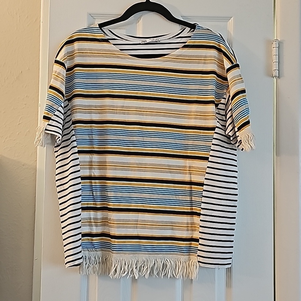 Zara striped short-sleeve top fringe hem - Picture 2 of 5